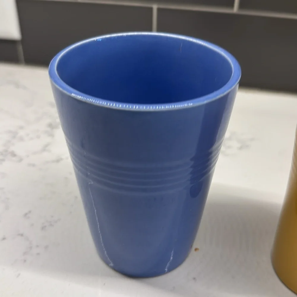 Blue Hazel Atlas Juice Glasses Blue and Yellow Ceramic Tumblers - Picture 2 of 5